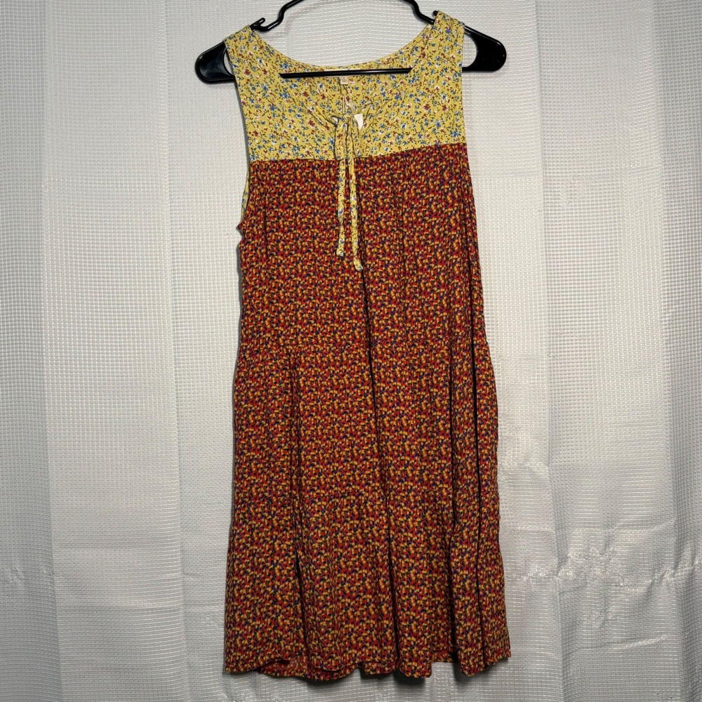 Easel Tiered Mini Dress S Yellow Red Mixed Floral Print Sleeveless Tie Neck